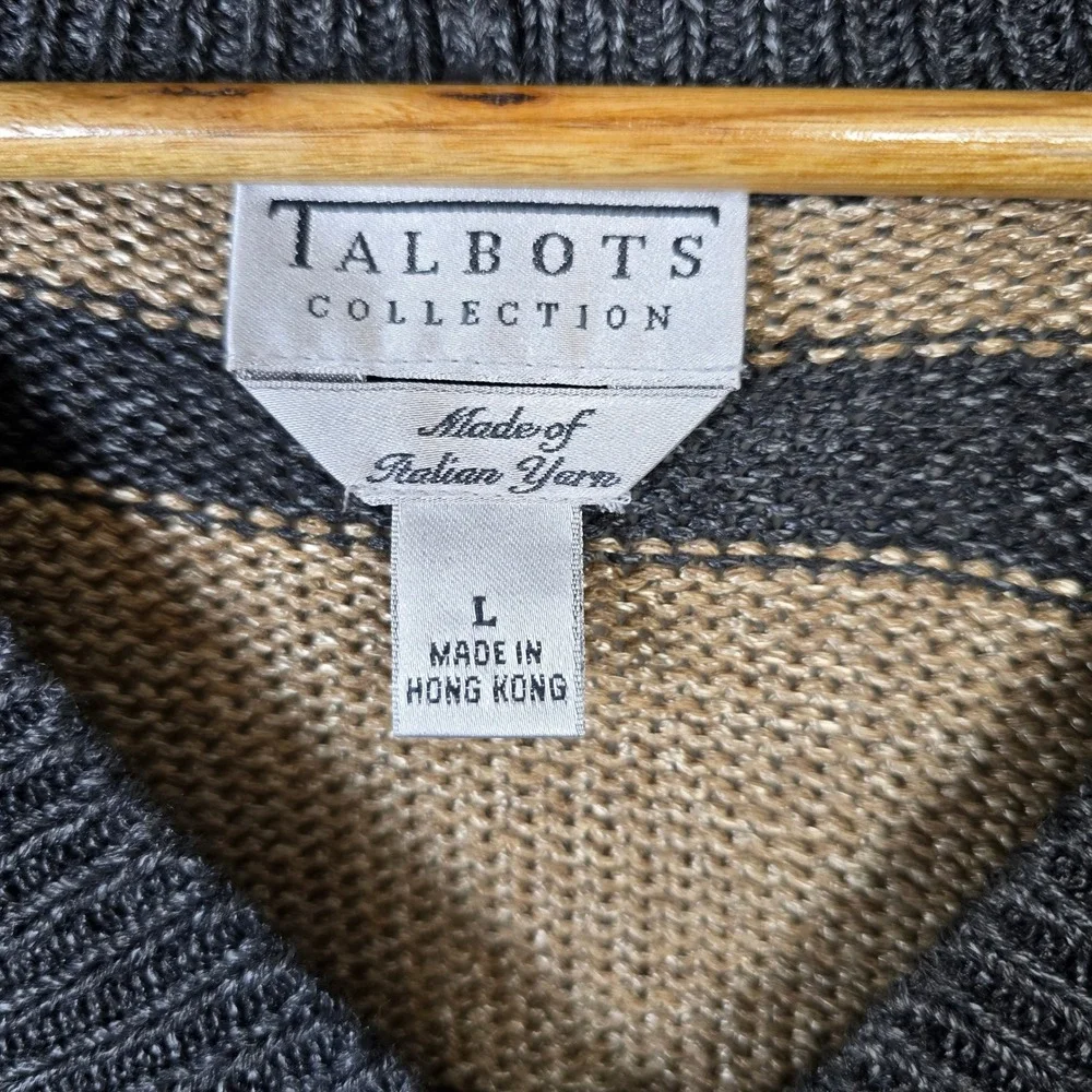 VTG Talbots Collection Women Sweater Sz L Beige Charcoal Striped V Neck Knit Top - Picture 3 of 4